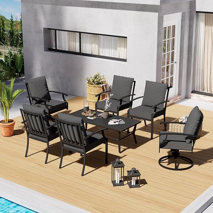 7-Piece Patio Conversation Set, Patio Furniture Set with 4 Stationary & 2 Swivel Chairs with Thick Cushions & a Rectangular All-Iron Coffee Table, Metal Patio Seating Set for lawns, Patio,Grey