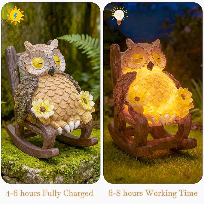 Light Up Owl on Chair Garden Sculpture, LED Solar Powered Owl Lying on The Chair Centerpiece, Cute Figurine Statue for Home Fireplace Outdoor Collection Decoration, 6x4.5x3.3 in