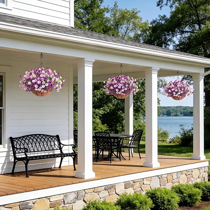 Artificial Fake Hanging Flowers with Basket for Outdoors, Faux Petunias Flowers Fake Hanging Plants with Eucalyptus Realistic UV Resistant for Patio Garden Porch Balcony Yard Decor(Double Purple)