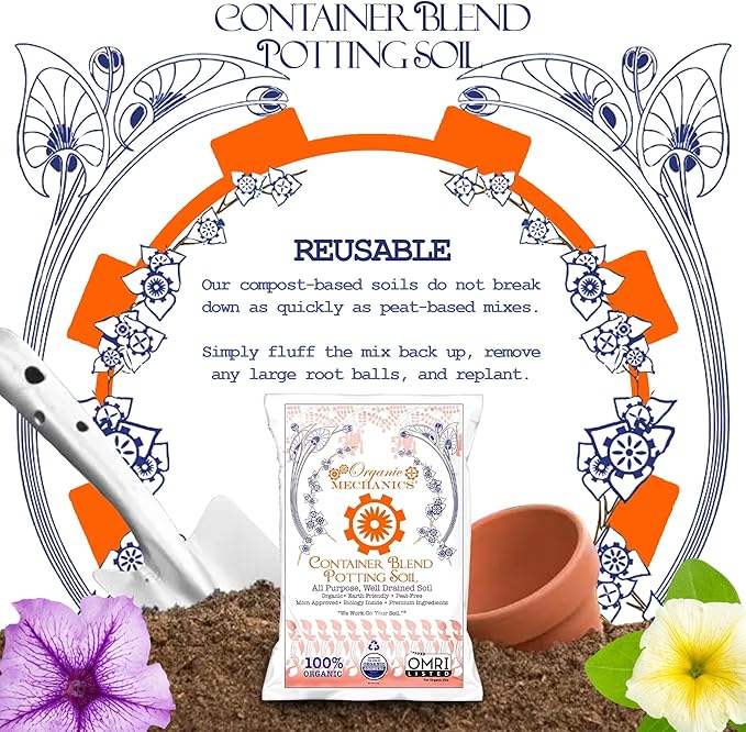 Organic Mechanics Container Blend Potting Soil, 2 Cu Ft - All-Purpose, Peat-Free, Well-Drained Blend with Compost, Rice Hulls, and Worm Castings for Growing Annuals, Perennials, Woody Plants