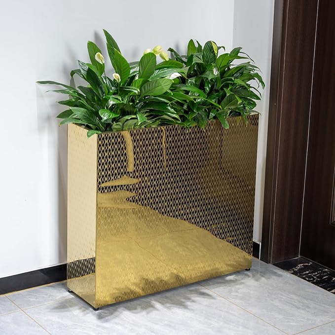 CYC Luxury Golden 30"H x 34"W x 10"D Stainless Steel Rectangular Tall Large Planter Box with Mirror Etching No Coating for Indoor or Outdoor Patio/Porch, Modern Décor for Tall Plants, Trees, Flowers