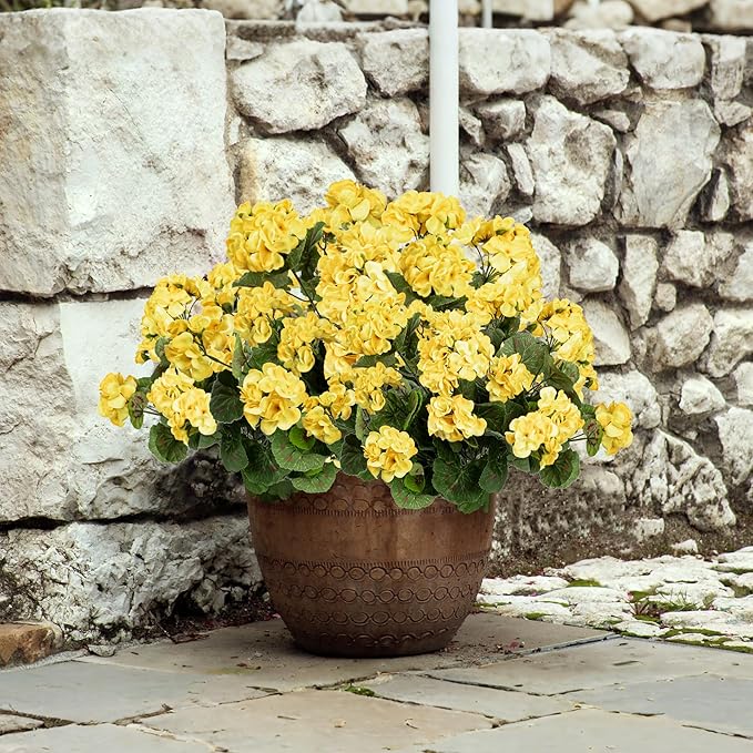 Uqueeten Artificial Flowers for Outdoors Artificial Geranium,Fake Flower Geranium Artificial Plant Home Decor,Silk Geraniums Artificial Flowers Realistic Outdoor Flower Decoration14.4(Yellow) 8PCS