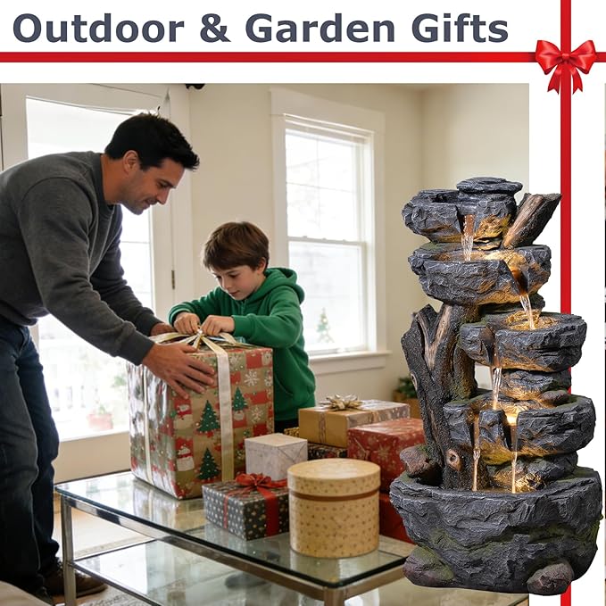 47.2" Tall Outdoor Water Fountain 5-Tier Large Cascading Waterfall Fountain Realistic Rock & Tree Trunk Design with LED Lights, Relaxing Water Flow for Garden, Patio, Backyard & Porch Decor