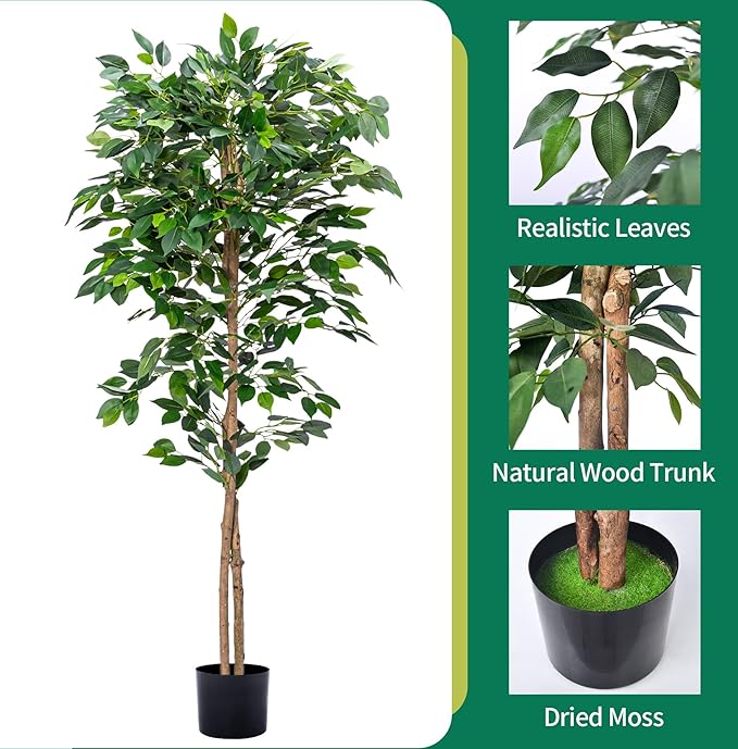 HAIHONG 1Pack 5FT Artificial Ficus Tree with Realistic Leaves and Natural Trunk, Faux Ficus Tree with Sturdy Plastic Nursery Pot, Fake Ficus Tree for Office Home Farmhouse for Indoor Outdoor Decor