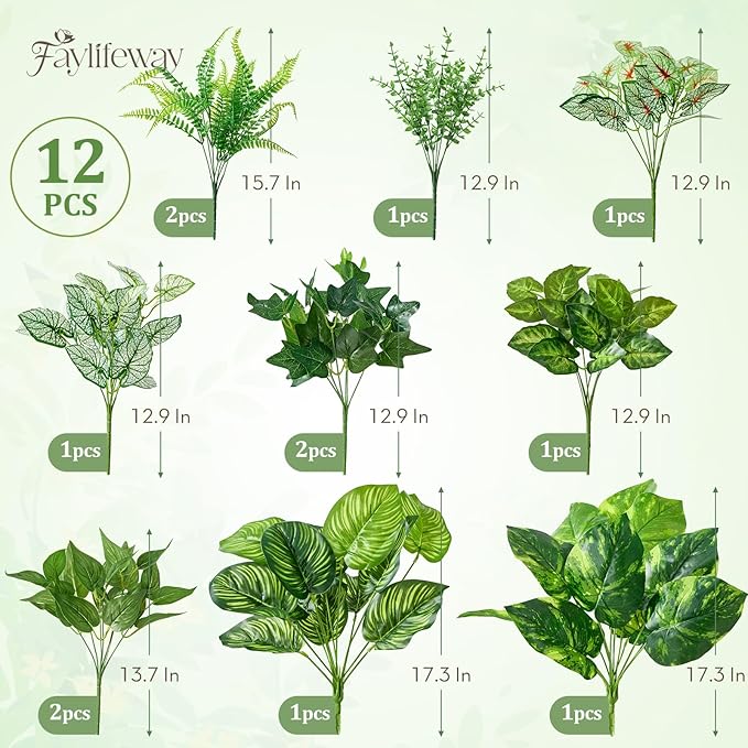 12 Bundles Artificial Plants Outdoor,UV Resistant Fake Greenery Stems with Large Shrubs Faux Plastic Plant for Outside Front Porch Planters Garden Window Box Patio Decor(Pot Not Included)