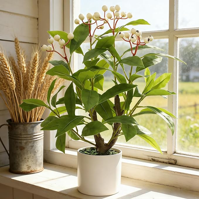 16" Artificial Potted Greenery Tree, Indoor Fake Berry Stems Tree in Pot Table Faux Green Plant for Home Desk Decor Office Kitchen Living Room Bedroom Bathroom (S, White Berry)