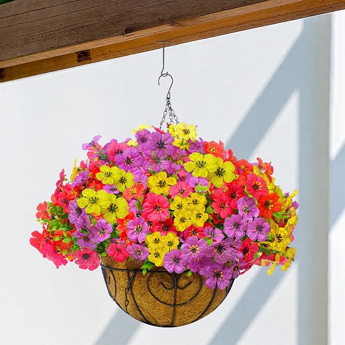 YYTDDUUU Artificial Hanging Flowers Plants 2 Set,Faux Flowers Basket for Outdoor Porch Decor,Fake Silk UV Sun Resistant Colorful Life-Like Hanging Daisy for Garden Balcony Yard Dector