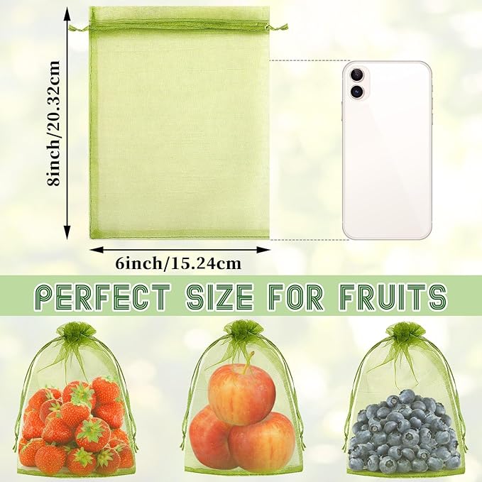 DECYOOL 60 PCS Fruit Protection Bags 6 x 8 inch, Green Fruit Bags for Fruit Trees Fruit Netting Cover Drawstring Mesh Bags Suit for Mangoes Tomatoes Fruit Trees Veggies Garden