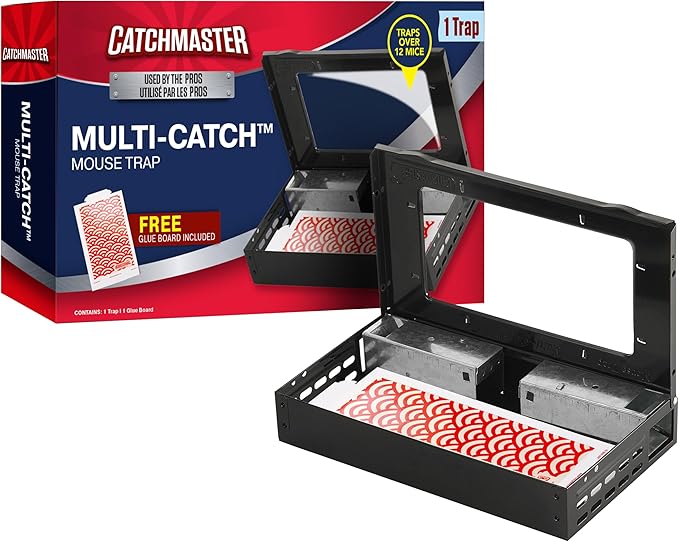 Catchmaster Multi-Catch Mouse Trap, Humane Mouse Trap Indoor for Home, Includes 1 Replaceable Glue Board, Live Catch Pest Control for Garage & Shed (Black)