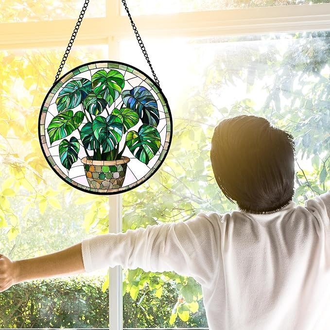 Stained Glass Window Hanging, Green Plant Monstera t Suncatcher Diamond Colorful Glass Panel Sun Catchers Decor for Birthday for Women, Men, Wife, Aunt, and Mom 6.3 in
