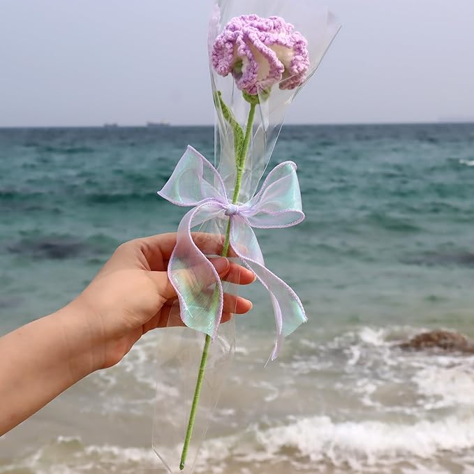YOOJEE Crochet Flower Purple Carnation Graduation for Wife & Grandma Handmade Knitted Carnation for Women Coworkers Teachers Purple Yarn Flower