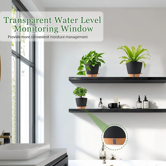 Fielda Self Watering Pots for Inoor Ourdoor Plants 8/7/6.5/6/5 Inch Plastic Planters with Drainage Holes & Water Level Indicator, Decorative House Flower Nursery Planting Pots with Saucers (Black)