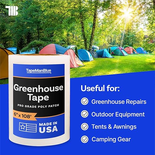 6" x 108' Roll of Greenhouse Repair Tape, Made in USA, Heavy Duty, Clear Poly Patch Tape for Repairing Greenhouses and Plastic Sheeting, UV Resistant Polyethylene Film for Seaming & Splicing