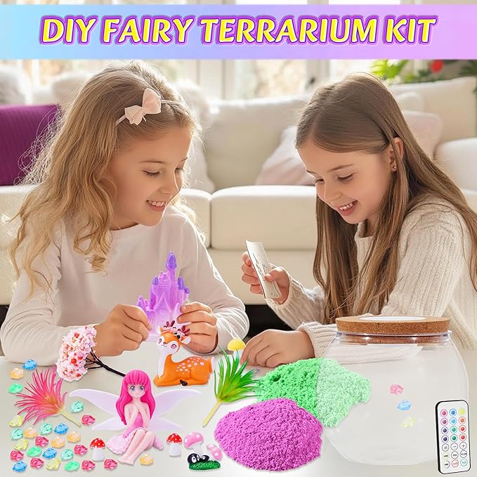 Hannstar Fairy Garden Light Up Terrarium Kit for Kids - LED Night Light Birthday Gift for Girls Ages 4 5 6 7 8 10 12 Years Old - Creative Toys for Girls - DIY Arts and Crafts Kit for Kids