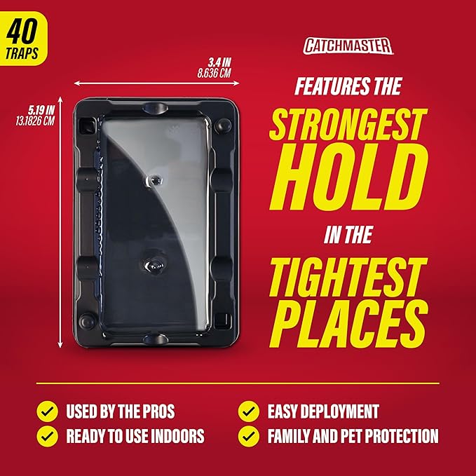 Catchmaster-40 Mouse & Insect Glue Traps, Heavy-Duty Pesticide-Free Sticky Mouse Traps Indoor for Home, Used by The PROs, Adhesive Rodent & Bug Catcher, Pest Control for House & Garage
