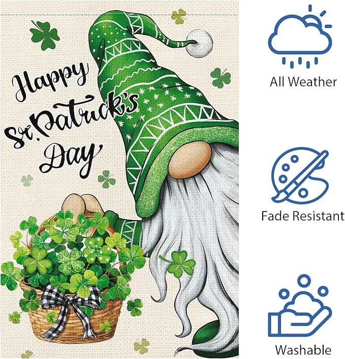 Heyfibro Happy St. Patrick's Day Gnome Garden Flag 28x40 Double Sided Burlap, Shamrock Basket Yard Flag for Spring Seasonal Irish Holiday Farmhouse Yard Outdoor Decor(ONLY FLAG)