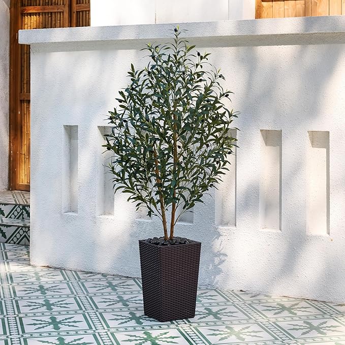 OAKRED Artificial Olive Tree 5FT Faux Olive Tree - Adjustable Branches UV Resistant with Brown Taper Planter and Pebbles - Faux Plants Indoor for Living Room, Office Decor and Bedroom