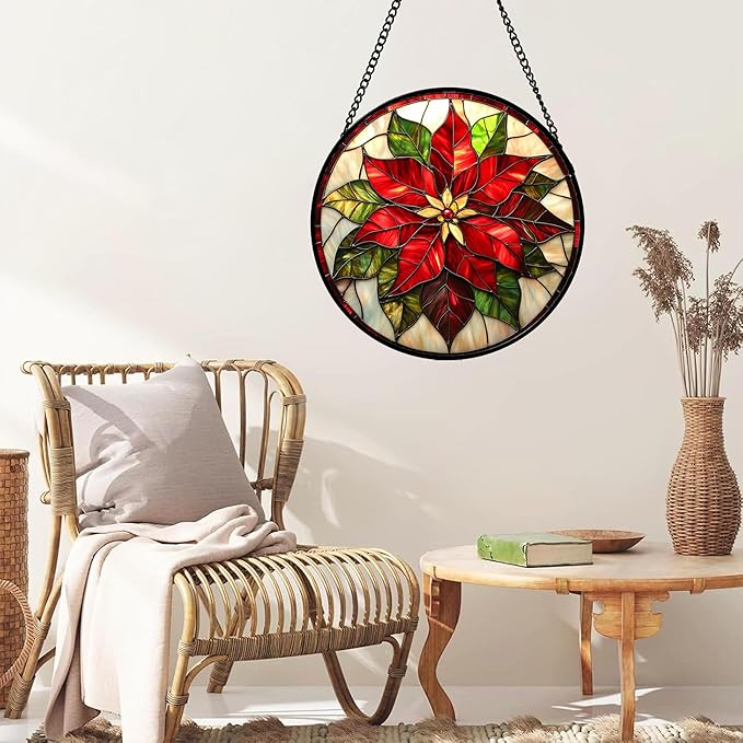 HWRHTR Stained Glass Window Hanging - Red Poinsettia Birth Flowers Suncatcher for Door Garden Yard Sun Catchers Decor Christmas Mother's Day Birthday Gifts for Women Mom Nana Teacher Friend 15 in