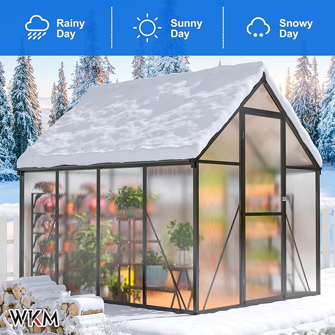 WKM 5.8x7.3 FT Greenhouse for Outdoors, Quick-fit Structure Polycarbonate Greenhouse with Window for Ventilation, Walk-in Aluminum Green House for Outside Garden Backyard, Black