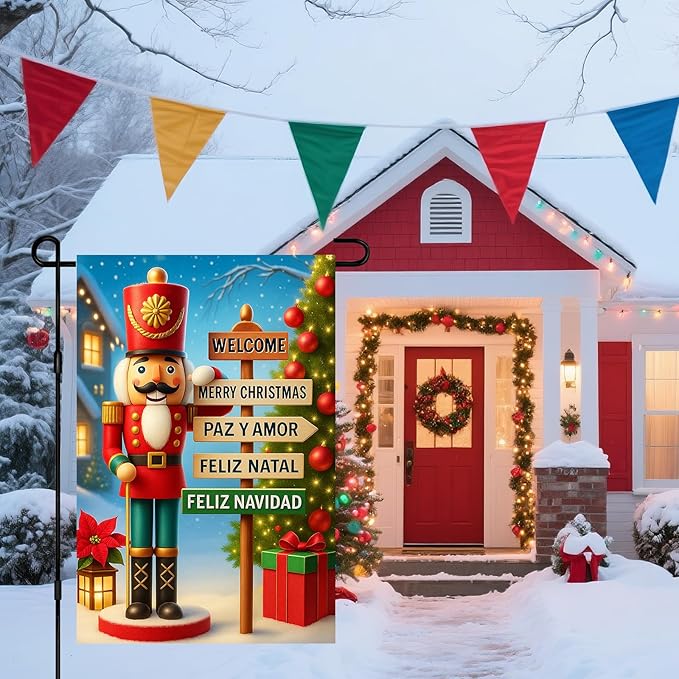 IVN Christmas Garden Flag 12x18 Inch Double Sided Nutcracker with Multilingual Holiday Sign Outdoor Yard Flag for Outside Home Front Door Lawn Porch Patio Welcome Decor
