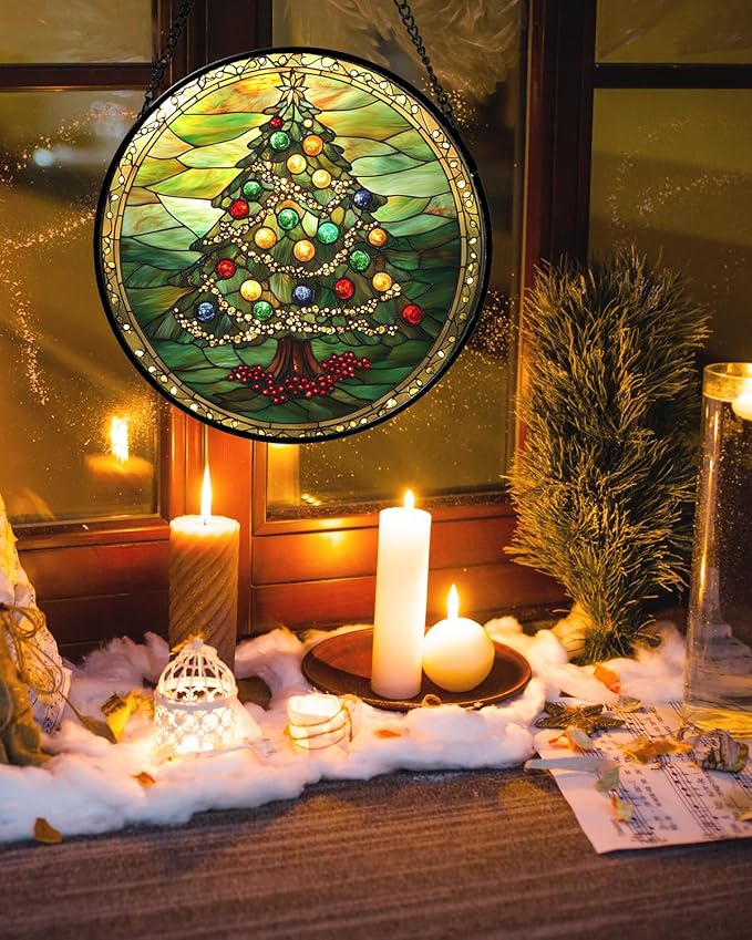 DASTOLL Stained Glass Window Hanging - Green Christmas Tree Gold Ribbon Suncatcher for Doors Home Christmas Decoration Sun Catcher Thanksgiving New Year Birthday Gifts for Women Men Mom Nana 6.3 in