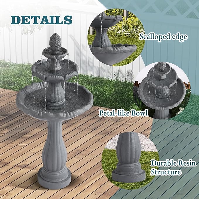 MAGIC UNION Garden Water Fountain Outdoor, 47.3" High Large Roman Italian Indoor Waterfalls, 3-Tier Standing Water Feature Fountains w/Pump & Pineapple Top for Outside Patio, Yard and Lawn (Gray)