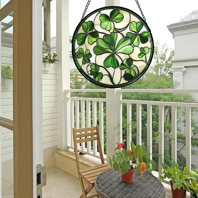 Stained Glass Window Hanging - Ireland Green Lucky Clover Suncatcher for Doors Garden St. Patrick's Day Sun Catchers Decor Mother's Day Birthday for Women Men Mom Nana 9.8 in