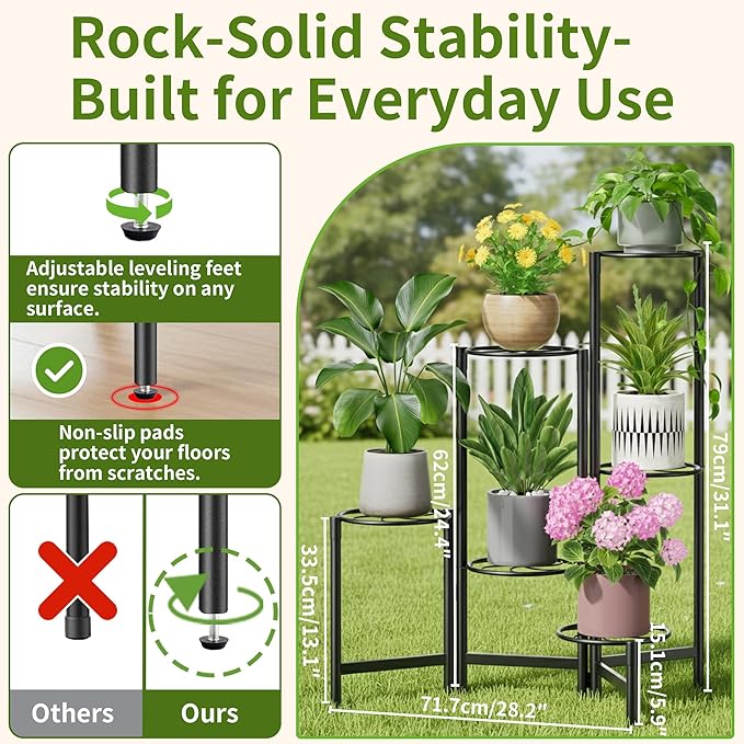 NQW Outdoor Plant Stands for Patio Corner Tall Plant Stand Indoor Metal Flower Pot Stands for Multiple Plants 6 Tier Heavy Duty Shelf Black Kite