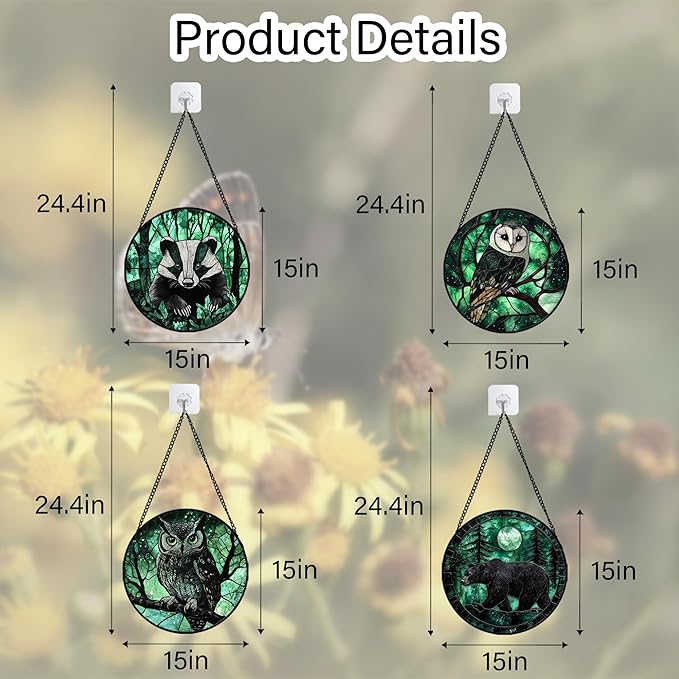 DASTOLL Stained Glass Window Hanging 4 Pcs Set Green Forest Night Sky Wildlife Large 15" - Suncatcher Door Garden Sun Catcher Decor Birthday for Mom Woman Nana Men Friend