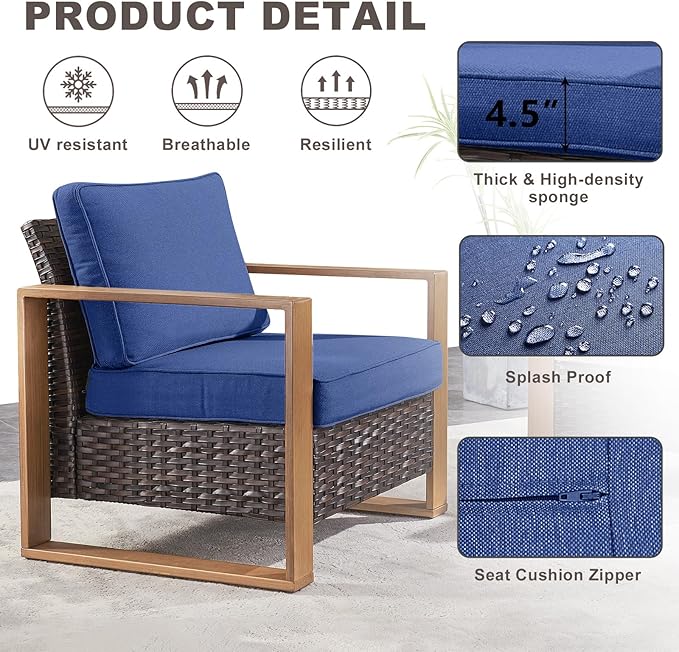 Rilyson Outdoor Wicker Patio Furniture Set - 5 Piece Patio Conversation Set with 2 Wicker Armrest Chairs,2 Rattan Ottoman, 1 Side Table, Sturdy Frame, Thick Cushions, Deep Seating(Brown/Blue)