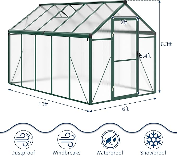 6x10 FT Greenhouse, Easy Assembly Aluminum Polycarbonate Greenhouses for Outdoors with Roof Vent and Ground Nails, Heavy Duty Aluminum Walk-in Greenhouse for Backyard, Sliding Lockable Door, Green