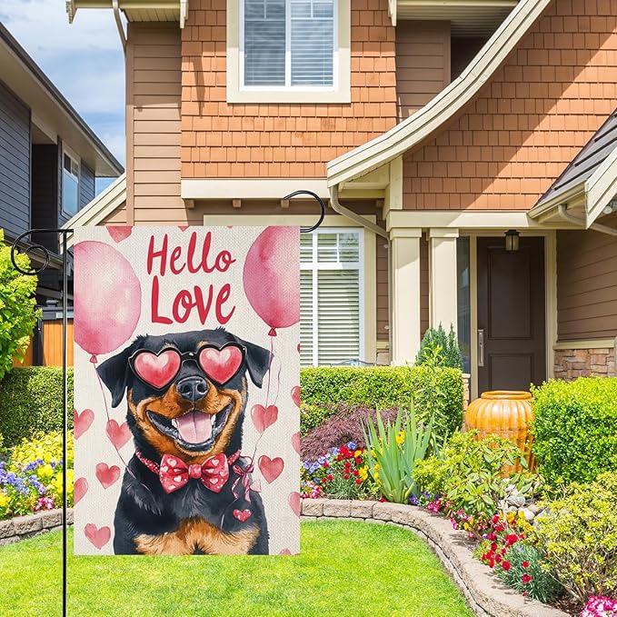 Valentine's Day Rottweiler Hello Love Garden Flag, House Yard Plaid Love Heart Outside Decoration, Spring Holiday Wedding Anniversary Outdoor Small Decor 12x18(12635)