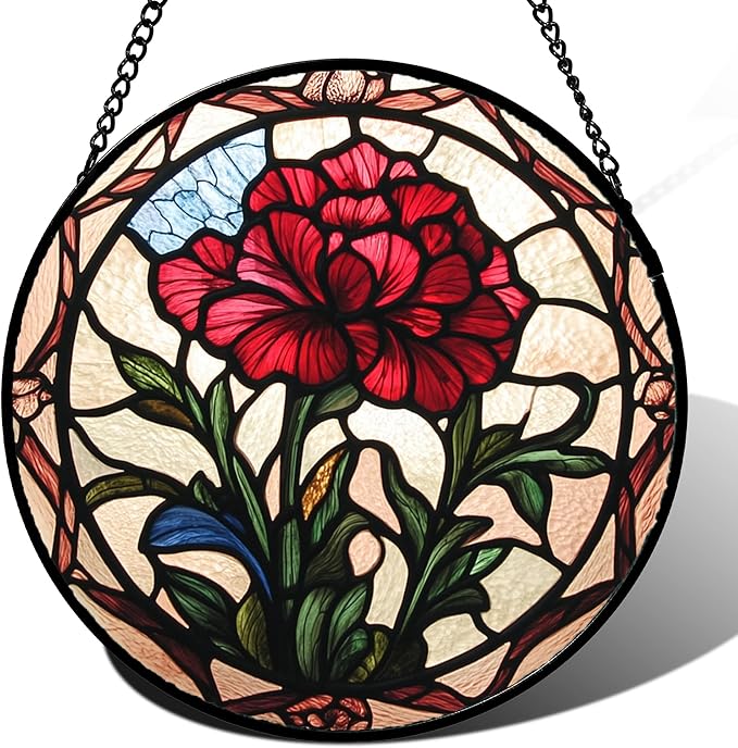 AMDERVEN Stained Glass Window Hanging - Red Carnation Birth Flower Sun Catcher for Door Garden Home Decor Suncatcher Christmas Mother's Day Birthday Gifts for Women Men Mom Nana Friend Wife 9.8 in