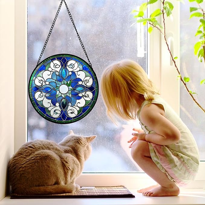 DASTOLL Stained Glass Window Hanging, Boho Style Sun Catchers Diamond Glass Panel Hangings Tiffany Suncatcher Decor for Birthday for Women, Men, Wife, Aunt, and Mom 9.8 in