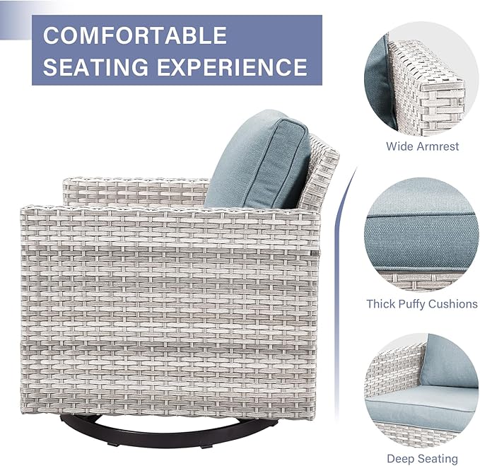 Rilyson Wicker Outdoor Patio Furniture Set - 5 Piece Patio Conversation Set with 2 Swivel Rocker Chairs,2 Rattan Ottoman and 1 Couch for Outside Porch Deck Backyard Garden(Light Grey/Sky Blue)