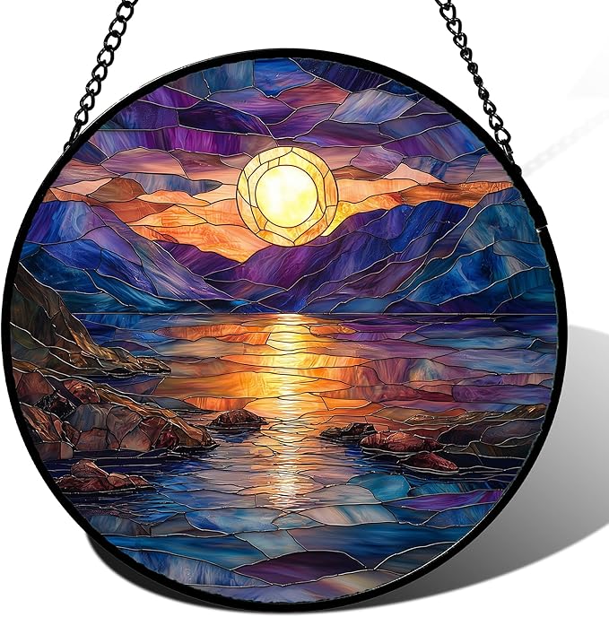 Stained Glass Window Hanging - Blue Purple Lake View Suncatcher for Door Terrace Garden Home Decor Sunset Landscape Sun Catcher Birthday Gifts for Lovers Women Men Dad Mom Nana 15 in