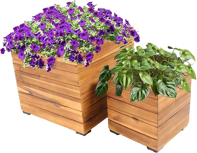 Sunnydaze Indoor/Outdoor Wooden Planter Boxes - 2 Acacia Wood Square Plant Pots with Removable Liners - Light Brown Stain