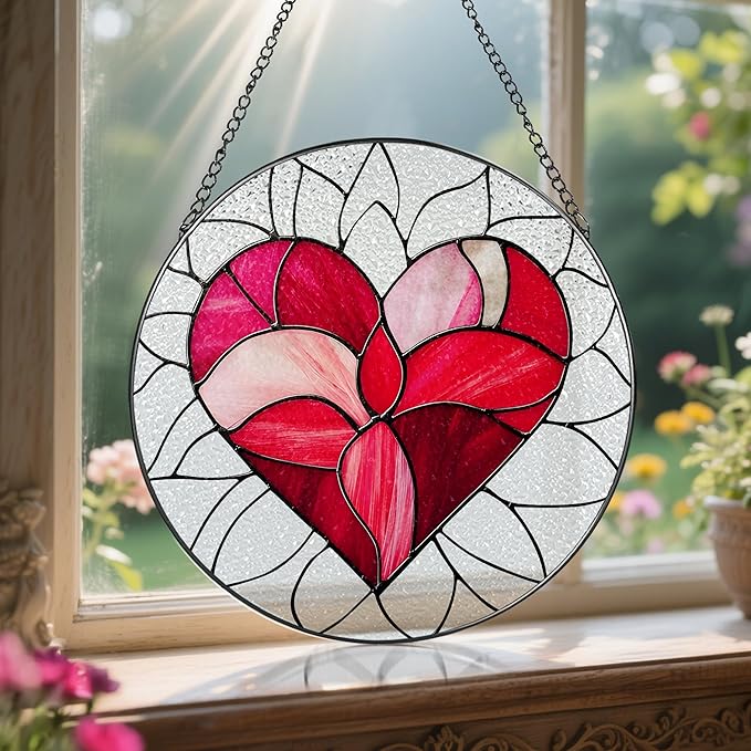 LAOWEIKI 8'' Valentine Heart Suncatcher Ornament, Stained Glass Window Hanging, Suncatchers for Windows Hanging Ornaments, Valentine's Romantic Decor | Valentine's Day Gift, Gifts for Girlfriend, Wife