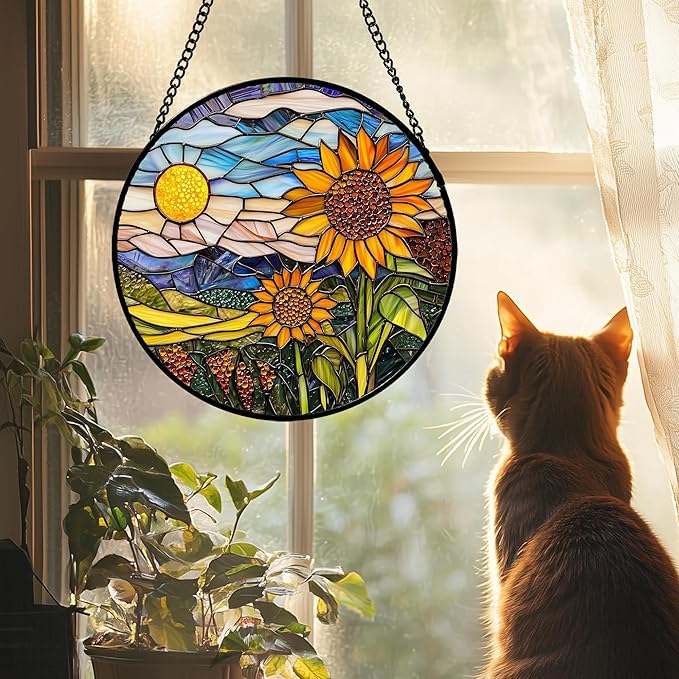 AMDERVEN Stained Glass Suncatcher, Sunflower Flowers Landscape Sun Catcher Plant Mountains Stain Glass Window Hanging Decoration Mother's Day Birthday Gifts for Women Men Mom Nana 9.8 in