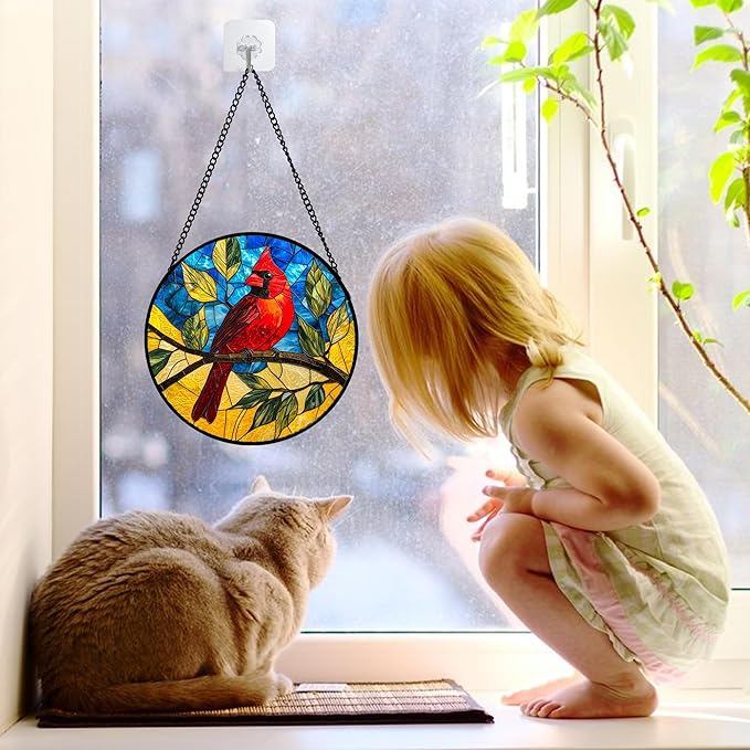 DASTOLL Stained Glass Window Hanging, Blue Sky Cardinal Sun Catchers Colorful Glass Panel Red Birds Suncatcher Decor for Birthday for Women, Men, Wife, Aunt, and Mom 6.3 in