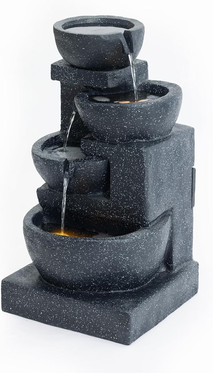 29" H Terrazzo Style Outdoor Water Fountain, 4-Tier Cascading Bowls with Stacked Stone Design and LED Lights, Freestanding Resin Water Feature for Garden Patio Porch