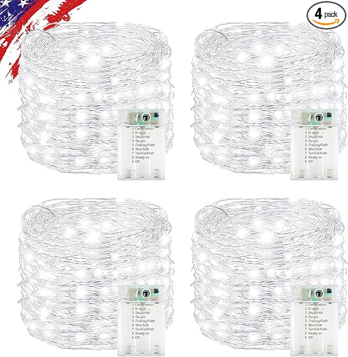 4 Pack Cuttable Fairy Lights Battery Operated, Waterproof 20FT 60LED Twinkle Lights with Timer Indoor Outdoor, Fairy Battery String Light for Bedroom, Classroom, Wedding, Christmas Décor(Cool White)