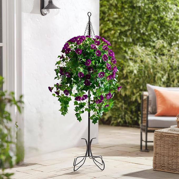 Morning Glory Artificial Hanging Flowers for Outdoors 3 Pcs Fake Petunias Flower Faux Silk Long Trailing Vines Realistic Flower for Front Door Porch Patio Balcony Garden Yard Decor (3 Pcs Dark Purple)