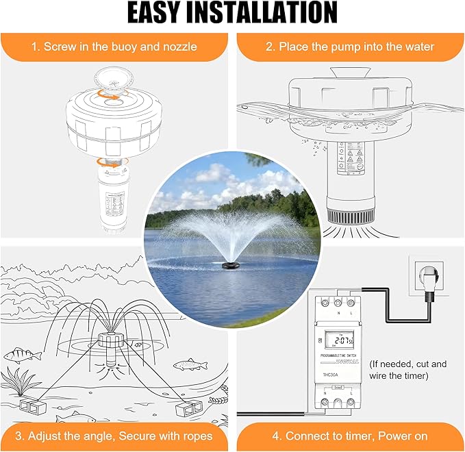 H1 Pond Fountain Aerator 750W 1HP - 16000 GPH Floating Aerating Pump with Timer, 110V-120V/100FT Power Cord/2 Nozzles Outdoor Water Circulation Jet System for Large Ponds, Lakes, Water Gardens