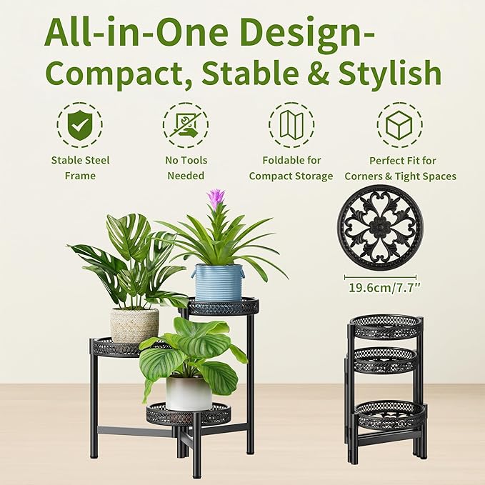 NQW Metal Plant Stand Indoor Outdoor, 3 Tier Corner Tall Plant Shelf for Multiple Plants, Tiered Plant Stand, Heavy Duty Flower Plant Holder, Folding Tall Rack for Garden Patio Lawn Balcony - BlackWave