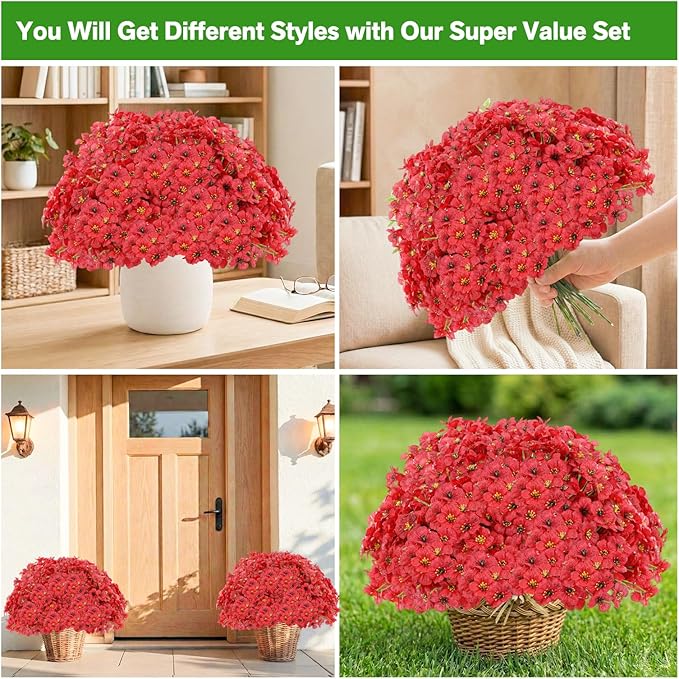60 Pack Artificial Flowers Outdoor, Faux Silk Flowers for Outdoors Outside Front Porch Hanging Planter Window Box Garden Decoration(Red)