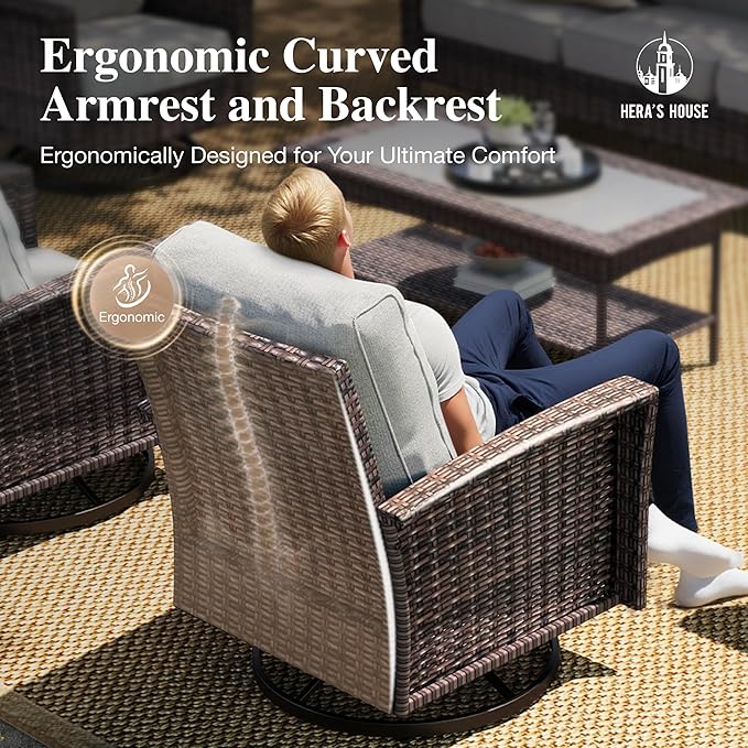 HERA'S HOUSE Gray Patio Furniture Set with Swivel Chairs, Outdoor Wicker Furniture with 35" High Back, 5.5" Thick Cushions, Deep Seating Patio Conversation Sets for Lawn Deck Backyard