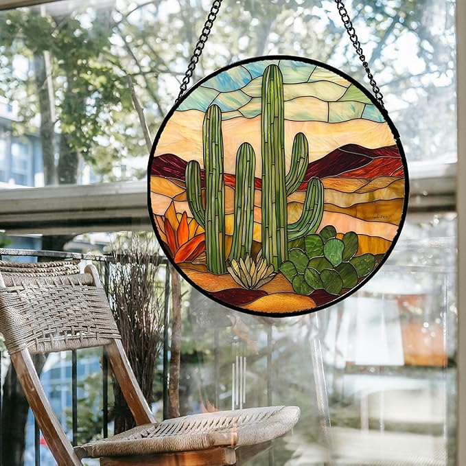 JOSUMALY Stained Glass Window Hanging, Green Cactus Sun Catcher for Door Terrace Garden Home Decor, Abstract Desert Landscape Suncatcher Birthday Gifts for Lovers Women Men Dad Mom Nana 15 in