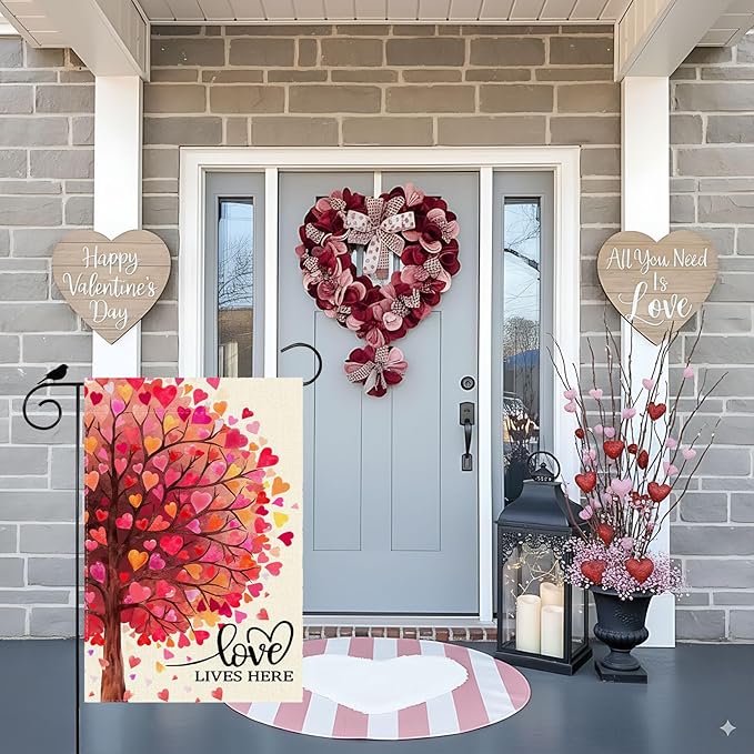 Love Lives Here Love Heart Shaped Tree Valentine’s Day Garden Flag Yard Flag 12x18 Inch Double Sided Small Mini Yard Outdoor Outside Holiday Decoration