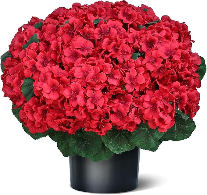 Juxdp 18" Artificial Geraniums Topiary for Front Porch Decor,Faux Silk Flowers Bushes UV Resistant Potted Plants for Outdoor Indoor Door Offices Garden Farmhouse Home Decor (Red)
